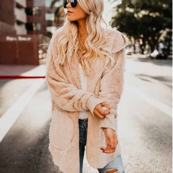 Tan Soft Cozy Pocket Hood Sherpa Lightweight Fleece Teddy Jacket Coat cardigan - Picture 6 of 7